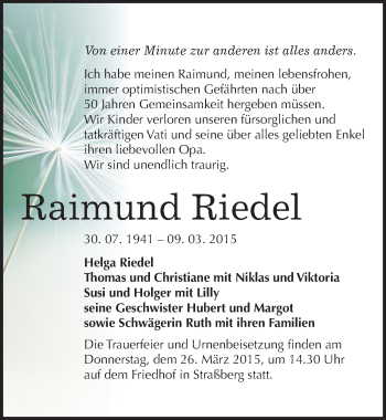 Traueranzeige von Raimund Riedel von Mitteldeutsche Zeitung Quedlinburg