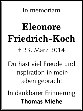 Traueranzeige von Eleonore Friedrich-Koch von Mitteldeutsche Zeitung Köthen