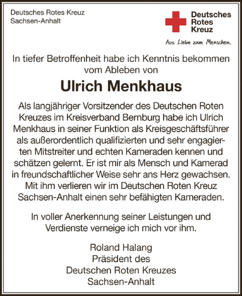  Traueranzeige für Ulrich Menkhaus vom 08.03.2015 aus Super Sonntag Bernburg