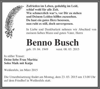 Traueranzeige von Benno Busch von WVG - Wochenspiegel NMB / WSF / ZTZ