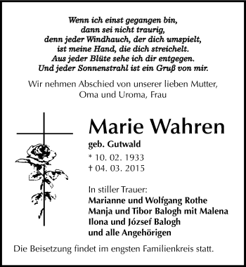 Traueranzeige von Marie Wahren von Mitteldeutsche Zeitung Weißenfels