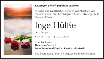 Traueranzeige von Inge Hülße von Mitteldeutsche Zeitung Bernburg