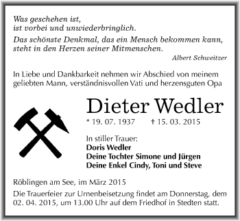 Traueranzeige von Dieter Wedler von Mitteldeutsche Zeitung Mansfelder Land