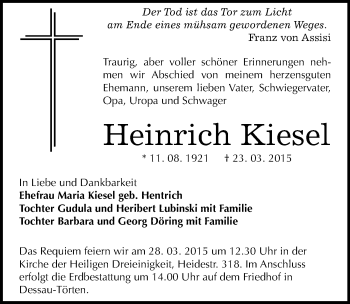 Traueranzeige von Heinrich Kiesel von Mitteldeutsche Zeitung Dessau-Roßlau