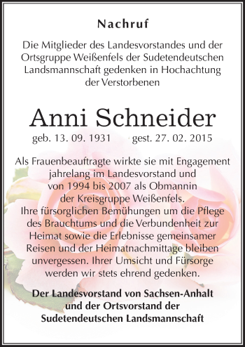 Traueranzeige von Anni Schneider von Mitteldeutsche Zeitung Weißenfels