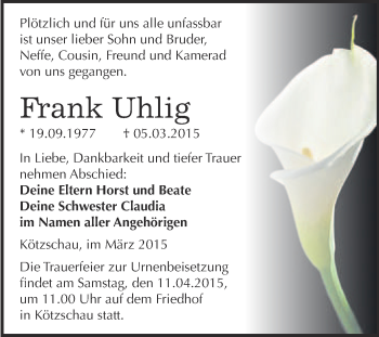 Traueranzeige von Frank Uhlig von Super Sonntag Merseburg