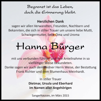 Traueranzeige von Hanna Bürger von Super Sonntag SGH Mansf. Land