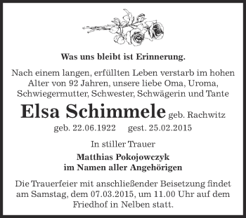 Traueranzeige von Elsa Schimmele von Super Sonntag Bernburg