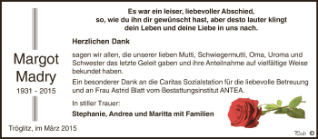 Traueranzeige von Margot Madry von Super Sonntag Zeitz