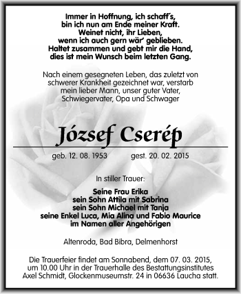 Traueranzeige von Jozsef Cserep von WVG - Wochenspiegel NMB / WSF / ZTZ