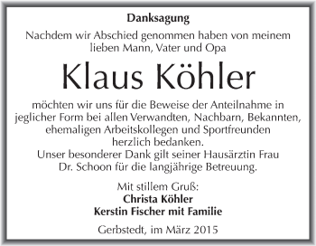 Traueranzeige von Klaus Köhler von Wochenspiegel Mansfelder Land