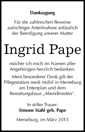 Traueranzeige von Ingrid Pape von Mitteldeutsche Zeitung Merseburg/Querfurt