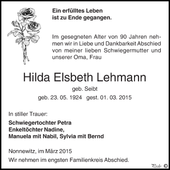 Traueranzeige von Hilda Elsbeth Lehmann von Super Sonntag Zeitz