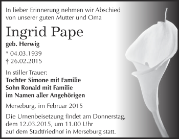 Traueranzeige von Ingrid Pape von WVG - Wochenspiegel Merseburg