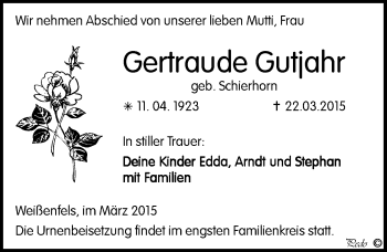Traueranzeige von Gertraude Gutjahr von Mitteldeutsche Zeitung Weißenfels
