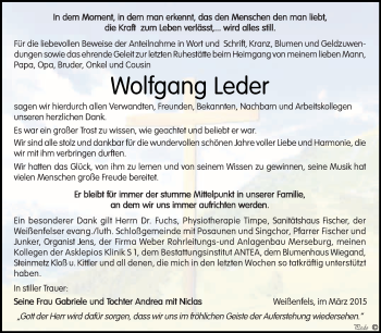 Traueranzeige von Wolfgang Leder von WVG - Wochenspiegel NMB / WSF / ZTZ