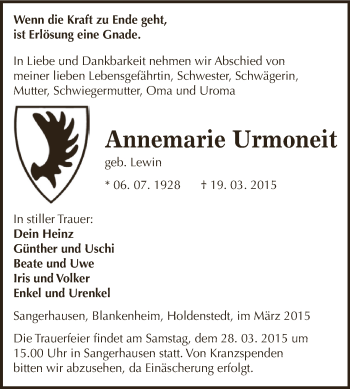 Traueranzeige von Annemarie Urmoneit von WVG - Wochenspiegel SGH