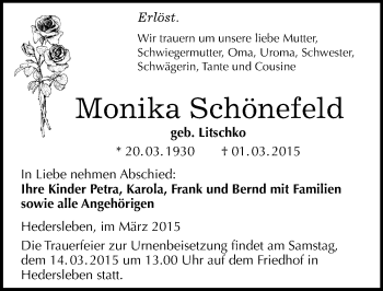 Traueranzeige von Monika Schönefeld von Mitteldeutsche Zeitung Mansfelder Land