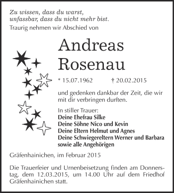Traueranzeige von Andreas Rosenau von WVG - Wochenspiegel Wittenberg