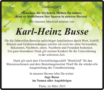 Traueranzeige von Karl-Heinz Busse von Mitteldeutsche Zeitung Quedlinburg