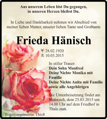 Traueranzeige von Frieda Hänisch von Super Sonntag Quedlinburg