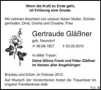 Traueranzeige von Gertraude Gläßner von Super Sonntag Zeitz