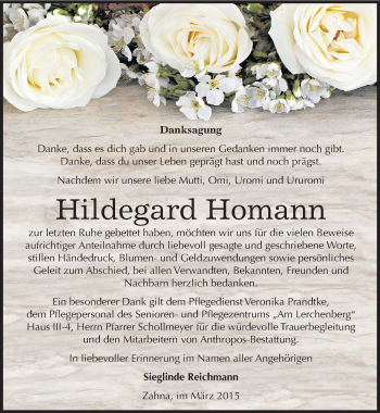 Traueranzeige von Hildegard Homann von Mitteldeutsche Zeitung Wittenberg