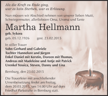 Traueranzeige von Martha Hellmann von Super Sonntag Bernburg