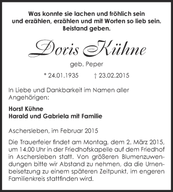 Traueranzeige von Doris Kühne von Super Sonntag Aschersleben