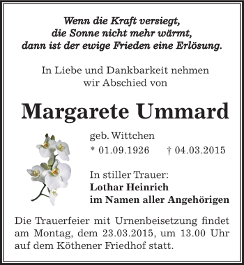 Traueranzeige von Margarete Ummard von Mitteldeutsche Zeitung Köthen