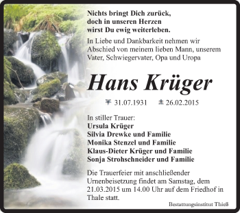 Traueranzeige von Hans Krüger von Super Sonntag Quedlinburg