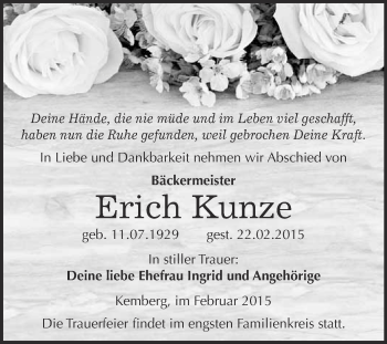 Traueranzeige von Erich Kunze von WVG - Wochenspiegel Wittenberg