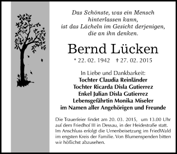 Traueranzeige von Bernd Lücken von Mitteldeutsche Zeitung Dessau-Roßlau