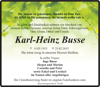 Traueranzeige von Karl-Heinz Busse von Mitteldeutsche Zeitung Quedlinburg