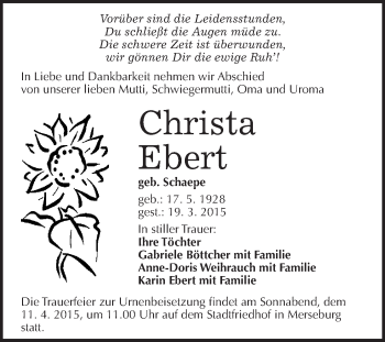 Traueranzeige von Christa Ebert von WVG - Wochenspiegel Merseburg