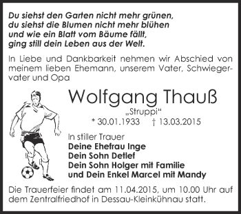 Traueranzeige von Wolfgang Thauß von WVG - Wochenspiegel Dessau / Köthen