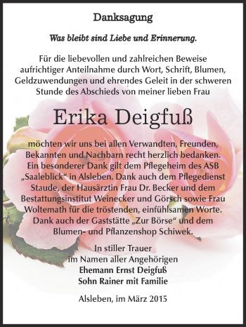 Traueranzeige von Erika Deigfuß von Super Sonntag Bernburg