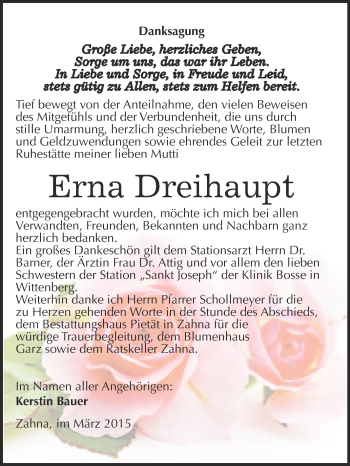 Traueranzeige von Erna Dreihaupt von Super Sonntag Wittenberg