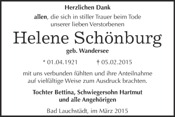 Traueranzeige von Helene Schönburg von WVG - Wochenspiegel Merseburg