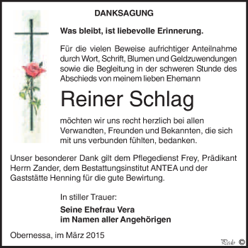 Traueranzeige von Reiner Schlag von WVG - Wochenspiegel NMB / WSF / ZTZ