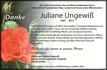 Traueranzeige von Juliane Ungewiß von WVG - Wochenspiegel NMB / WSF / ZTZ