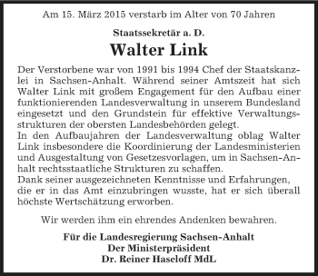 Traueranzeige von Walter Link von Mitteldeutsche Zeitung