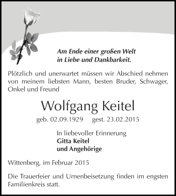 Traueranzeige von Wolfgang Keitel von WVG - Wochenspiegel Wittenberg