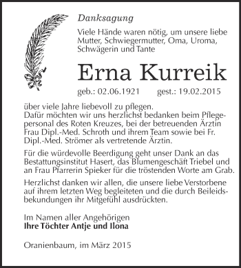 Traueranzeige von Erna Kurreik von Super Sonntag Wittenberg