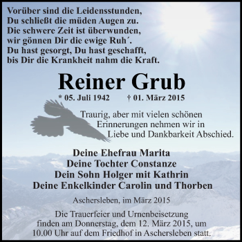 Traueranzeige von Reiner Grub von WVG - Wochenspiegel Quedlinburg