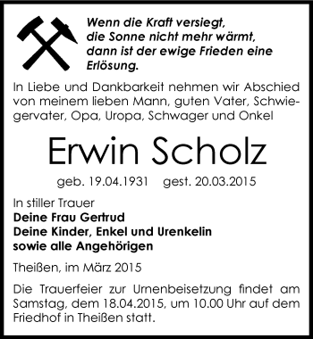 Traueranzeige von Erwin Scholz von Mitteldeutsche Zeitung Zeitz