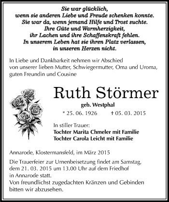 Traueranzeige von Ruth Störmer von Mitteldeutsche Zeitung Mansfelder Land