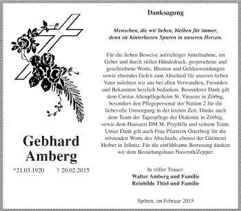 Traueranzeige von Gebhard Amberg von Super Sonntag Dessau / Köthen