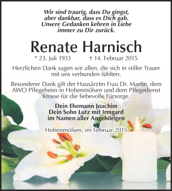 Traueranzeige von Renate Harnisch von WVG - Wochenspiegel NMB / WSF / ZTZ
