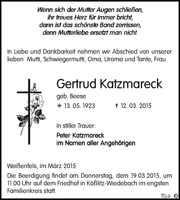 Traueranzeige von Gertrud Katzmareck von WVG - Wochenspiegel NMB / WSF / ZTZ